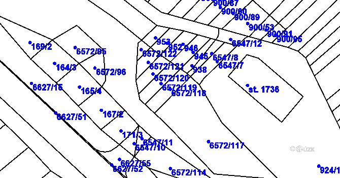 Parcela st. 6572/118 v KÚ Strání, Katastrální mapa
