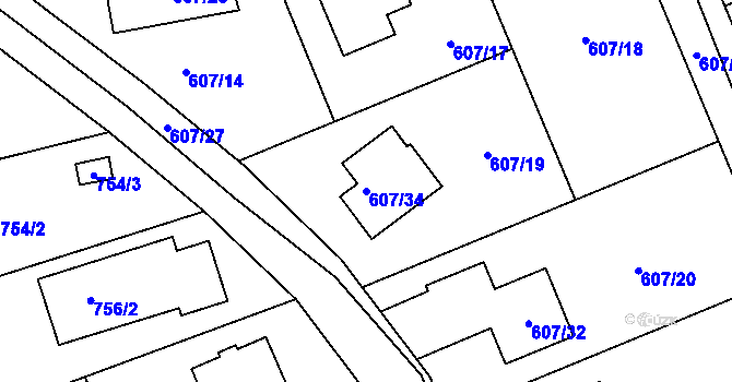 Parcela st. 607/34 v KÚ Stráž nad Nisou, Katastrální mapa