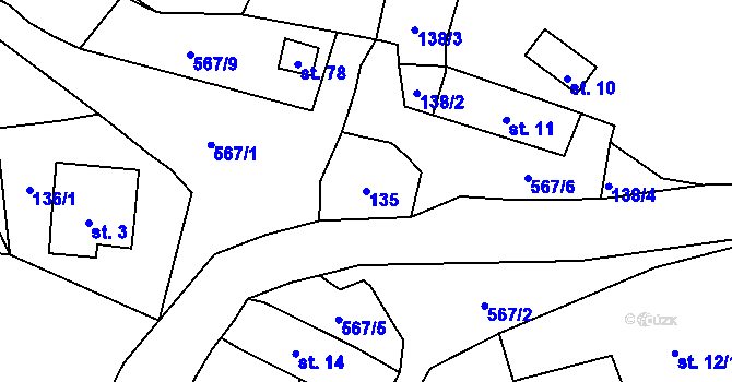Parcela st. 135 v KÚ Korunní, Katastrální mapa