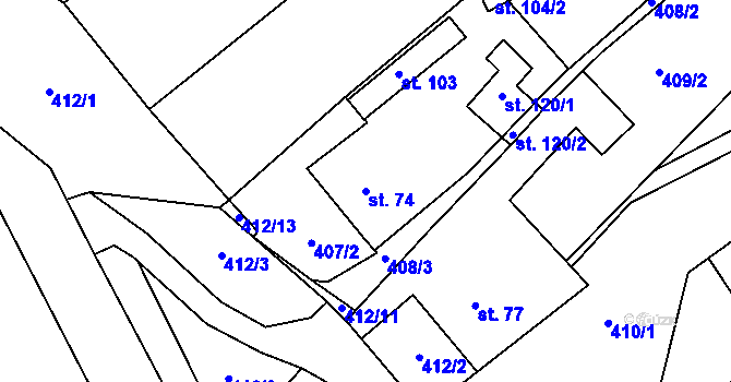 Parcela st. 74 v KÚ Meziboří, Katastrální mapa