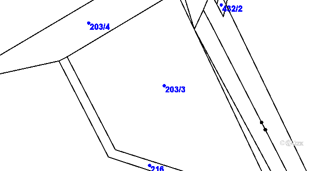 Parcela st. 203/3 v KÚ Meziboří, Katastrální mapa