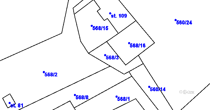 Parcela st. 568/3 v KÚ Meziboří, Katastrální mapa