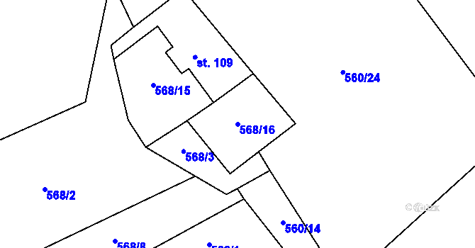 Parcela st. 568/16 v KÚ Meziboří, Katastrální mapa