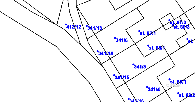 Parcela st. 341/14 v KÚ Meziboří, Katastrální mapa