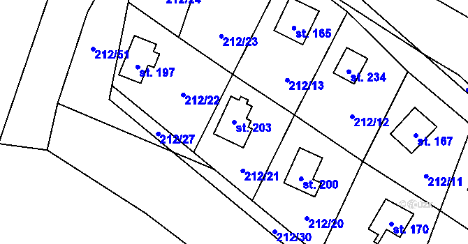 Parcela st. 203 v KÚ Maleny, Katastrální mapa