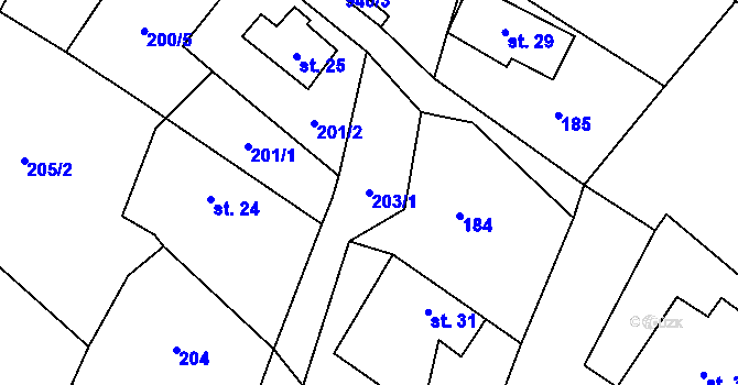 Parcela st. 203/1 v KÚ Strážná, Katastrální mapa