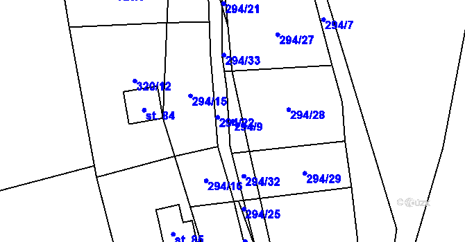 Parcela st. 294/9 v KÚ Strkovice, Katastrální mapa