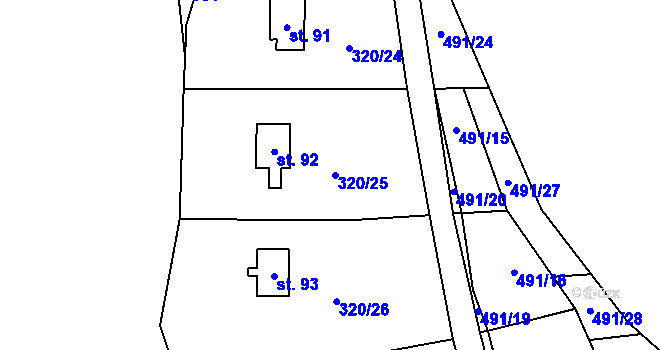 Parcela st. 320/25 v KÚ Strkovice, Katastrální mapa