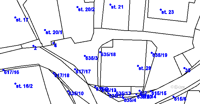 Parcela st. 635/18 v KÚ Strměchy, Katastrální mapa