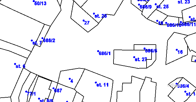 Parcela st. 686/1 v KÚ Leština u Strmilova, Katastrální mapa