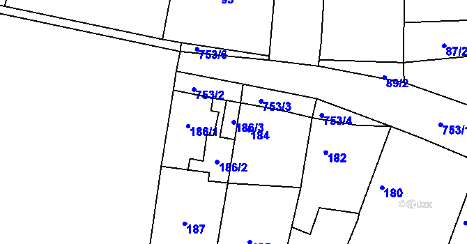 Parcela st. 186/3 v KÚ Strupčice, Katastrální mapa
