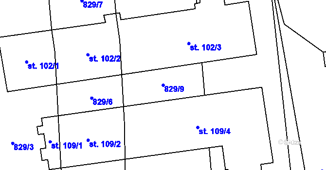 Parcela st. 829/9 v KÚ Strýčkovice, Katastrální mapa