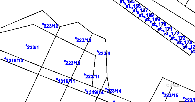Parcela st. 223/4 v KÚ Střelice u Jevišovic, Katastrální mapa