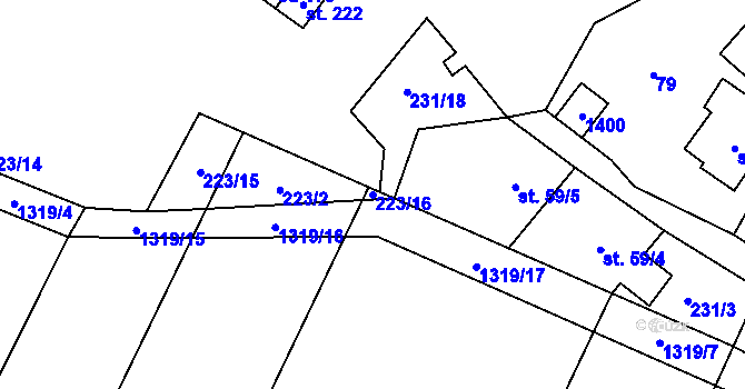 Parcela st. 223/16 v KÚ Střelice u Jevišovic, Katastrální mapa