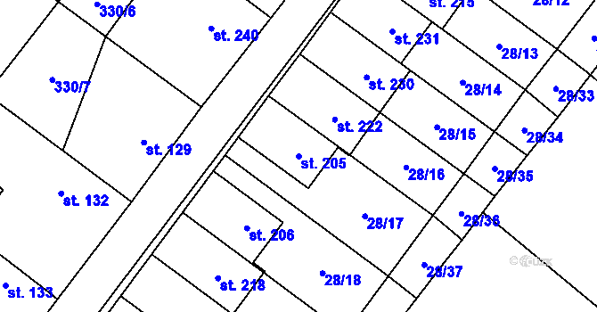 Parcela st. 205 v KÚ Střelice u Litovle, Katastrální mapa