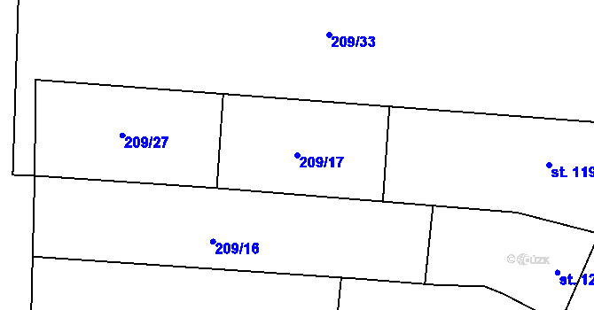 Parcela st. 209/17 v KÚ Střezimíř, Katastrální mapa