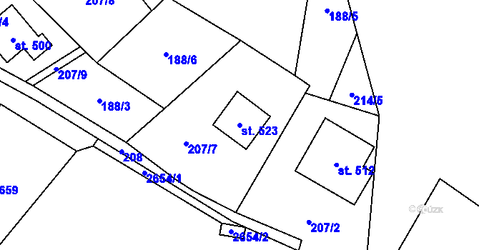 Parcela st. 523 v KÚ Stříbrná, Katastrální mapa
