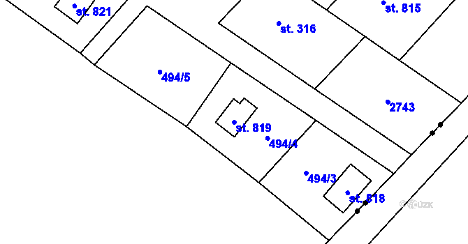 Parcela st. 819 v KÚ Stříbrná, Katastrální mapa