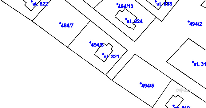 Parcela st. 821 v KÚ Stříbrná, Katastrální mapa