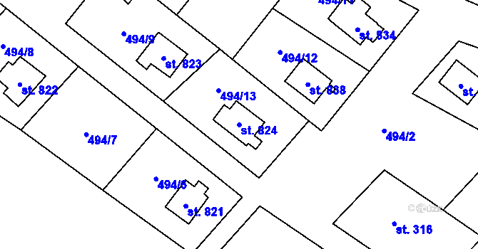 Parcela st. 824 v KÚ Stříbrná, Katastrální mapa