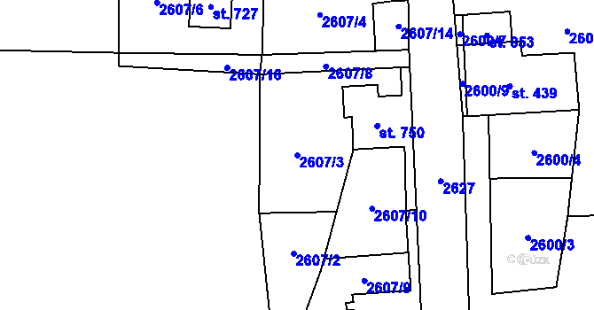 Parcela st. 2607/3 v KÚ Stříbrná, Katastrální mapa