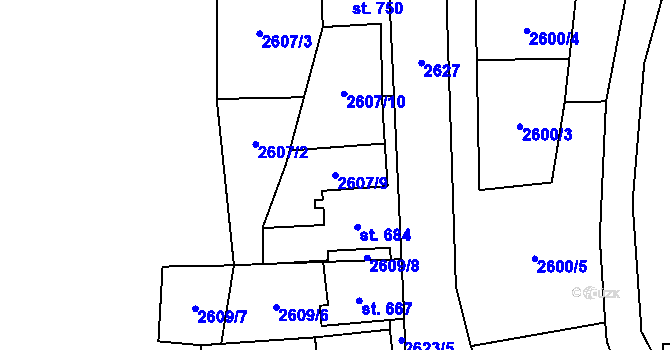 Parcela st. 2607/9 v KÚ Stříbrná, Katastrální mapa