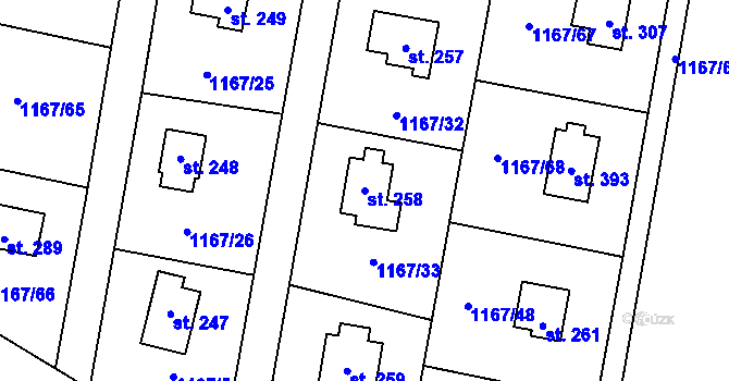 Parcela st. 258 v KÚ Hradové Střimelice, Katastrální mapa