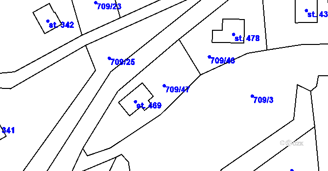 Parcela st. 709/47 v KÚ Hradové Střimelice, Katastrální mapa