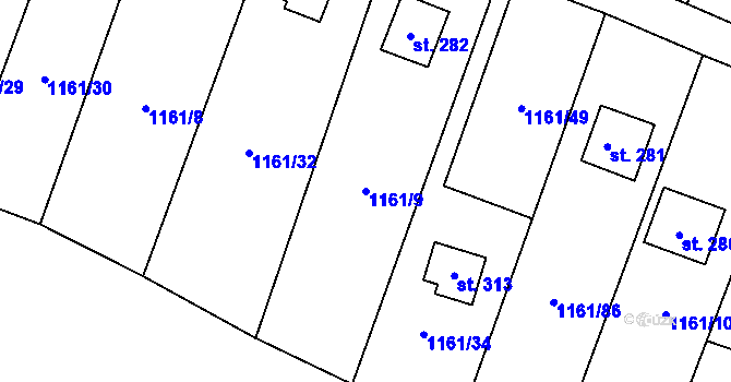 Parcela st. 1161/9 v KÚ Hradové Střimelice, Katastrální mapa