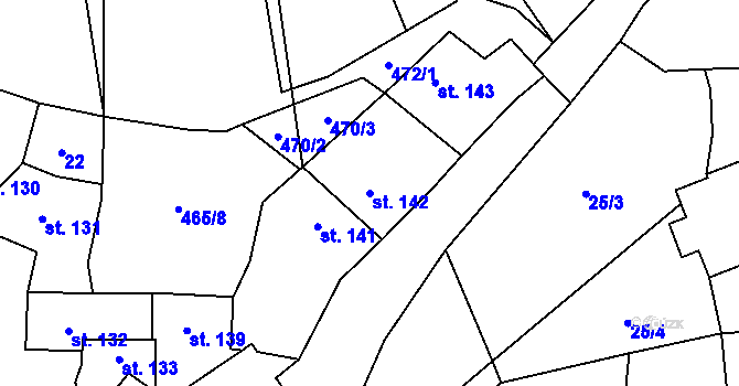 Parcela st. 142 v KÚ Stříbrnice u Uherského Hradiště, Katastrální mapa