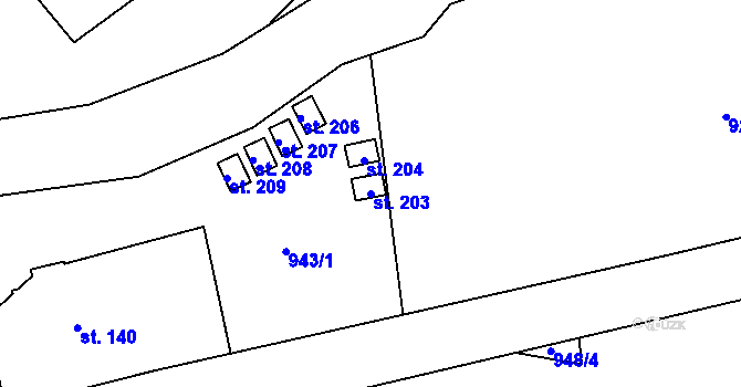 Parcela st. 203 v KÚ Stříbrnice, Katastrální mapa