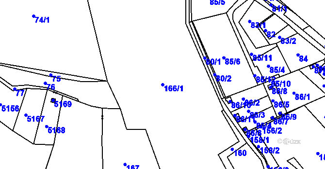 Parcela st. 166/1 v KÚ Dobětice, Katastrální mapa
