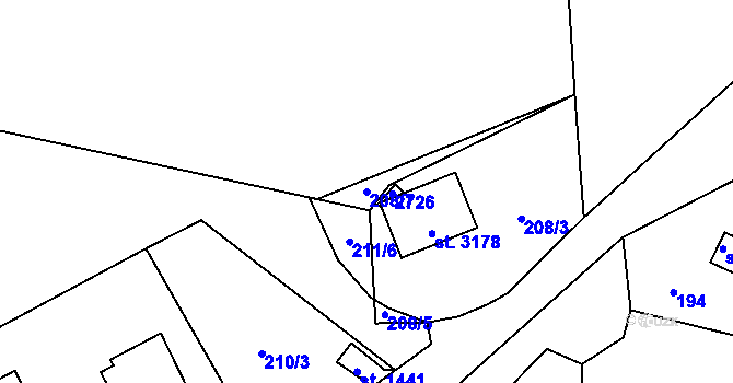 Parcela st. 208/7 v KÚ Stříbro, Katastrální mapa