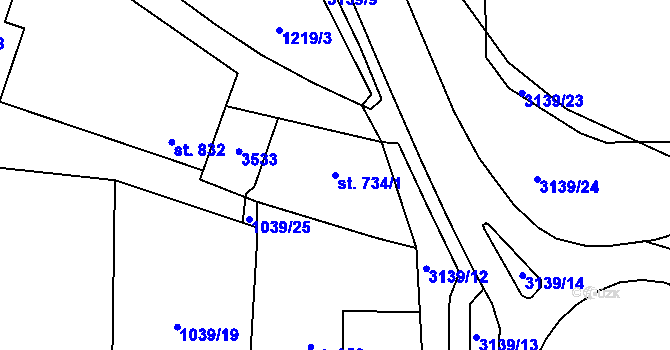 Parcela st. 734/1 v KÚ Stříbro, Katastrální mapa