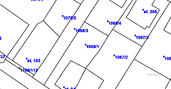 Parcela st. 1068/1 v KÚ Střítež u Třebíče, Katastrální mapa