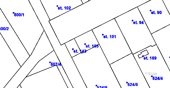 Parcela st. 103 v KÚ Střížovice u Kvasic, Katastrální mapa