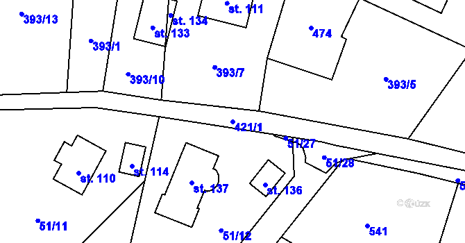 Parcela st. 421/1 v KÚ Kumburský Újezd, Katastrální mapa