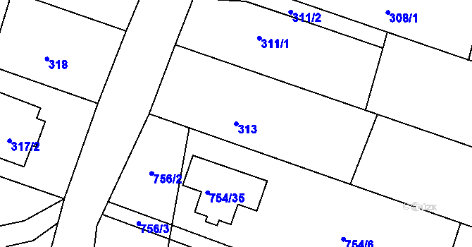 Parcela st. 313 v KÚ Suché Lazce, Katastrální mapa