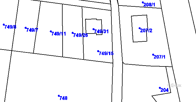Parcela st. 749/15 v KÚ Suché Lazce, Katastrální mapa