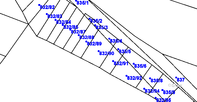 Parcela st. 832/90 v KÚ Suché Lazce, Katastrální mapa