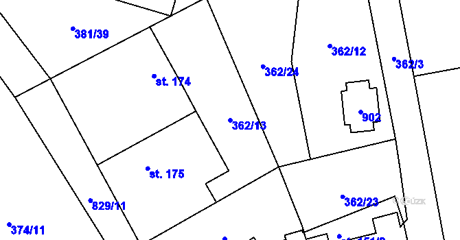 Parcela st. 362/13 v KÚ Sukorady u Hořic, Katastrální mapa