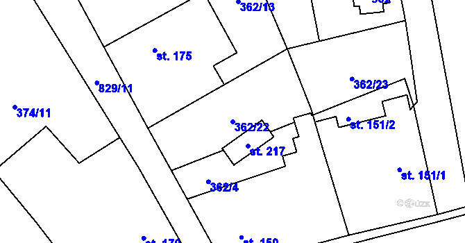 Parcela st. 362/22 v KÚ Sukorady u Hořic, Katastrální mapa