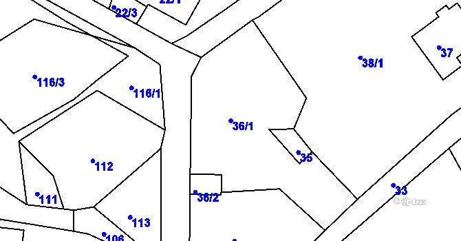 Parcela st. 36/1 v KÚ Olešnice u Svádova, Katastrální mapa