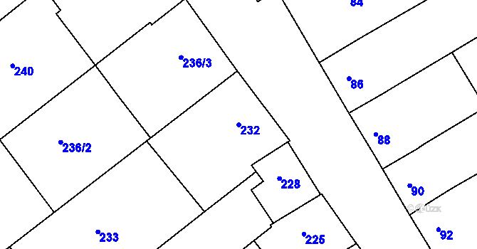 Parcela st. 232 v KÚ Mistřín, Katastrální mapa