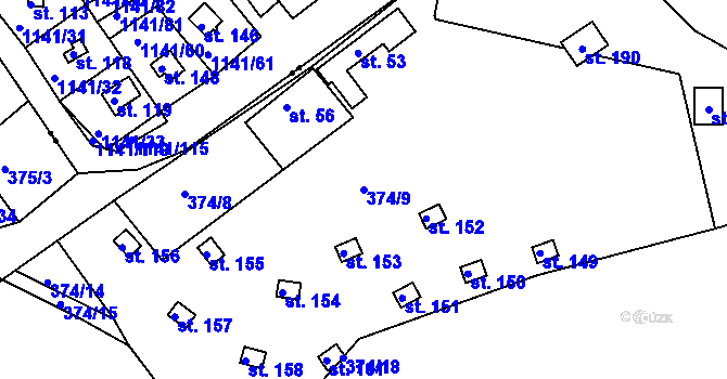 Parcela st. 374/9 v KÚ Hojšín, Katastrální mapa