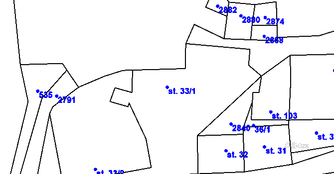 Parcela st. 33/1 v KÚ Svéradice, Katastrální mapa