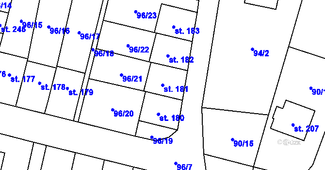 Parcela st. 181 v KÚ Svéradice, Katastrální mapa