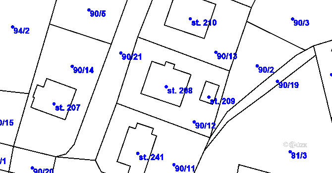 Parcela st. 208 v KÚ Svéradice, Katastrální mapa