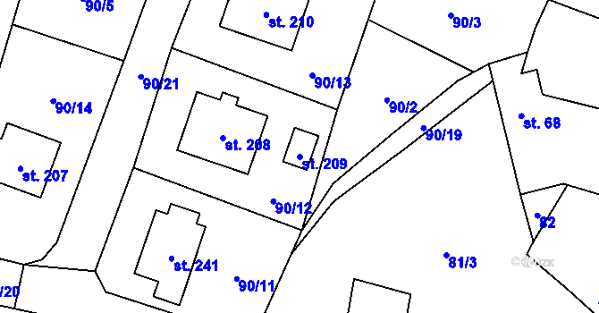 Parcela st. 209 v KÚ Svéradice, Katastrální mapa