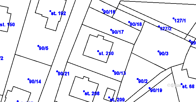 Parcela st. 210 v KÚ Svéradice, Katastrální mapa